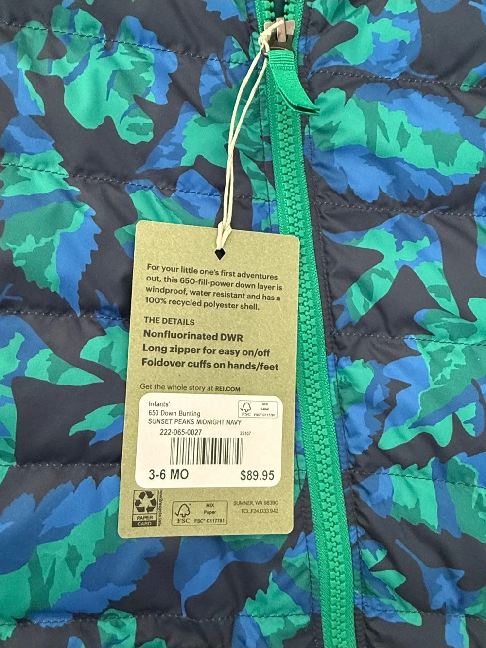 REI Blue and Green Camouflage Hooded Insulated One-Piece 3-6 Months Brand New
